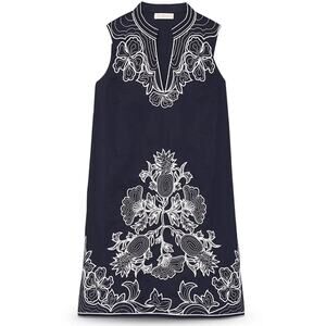 TORY BURCH Embroidered Sleeveless Tunic Mini Shift Dress Blue White S